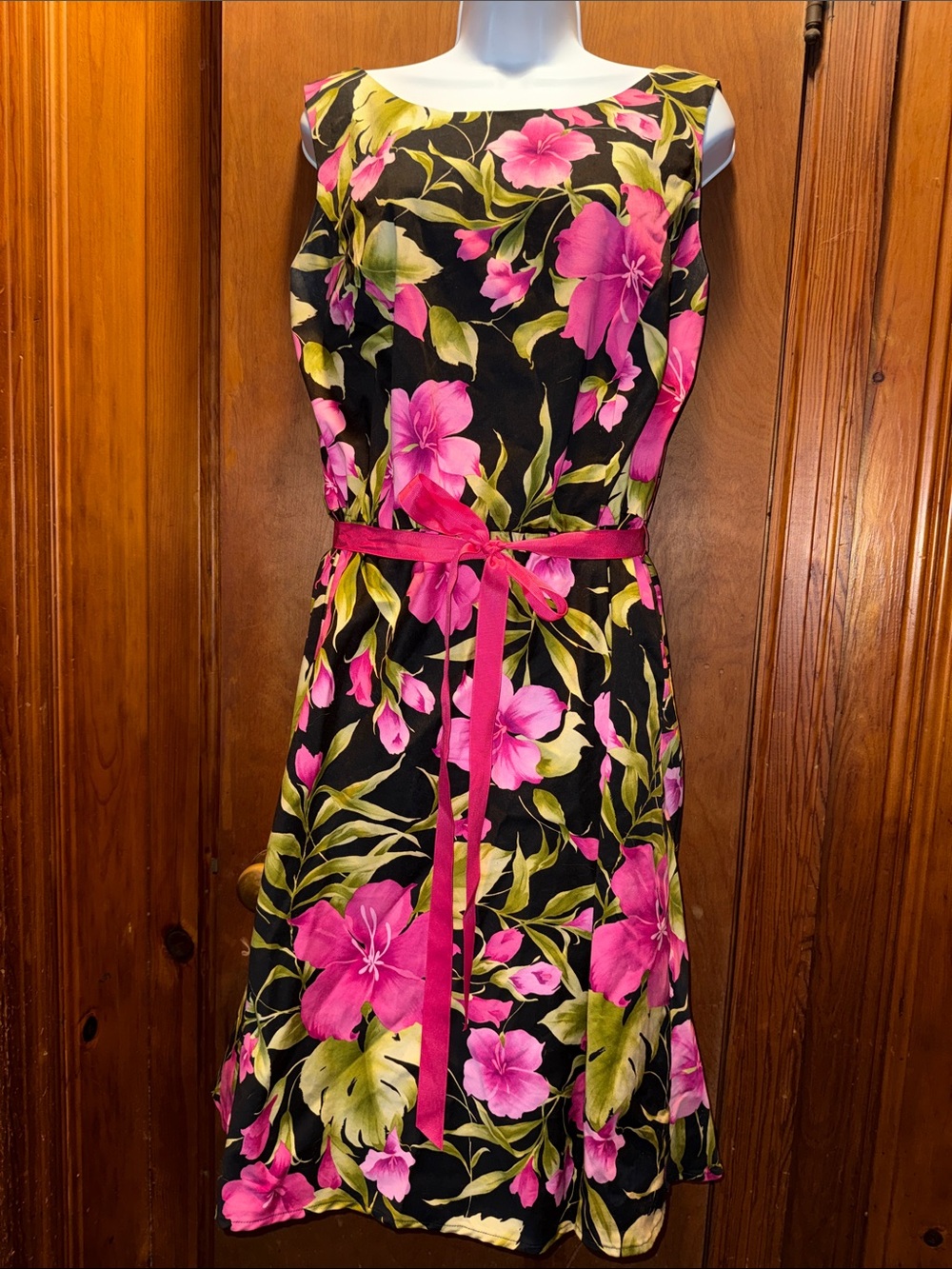 Floral Belted A-Line Dress in Black and Pink